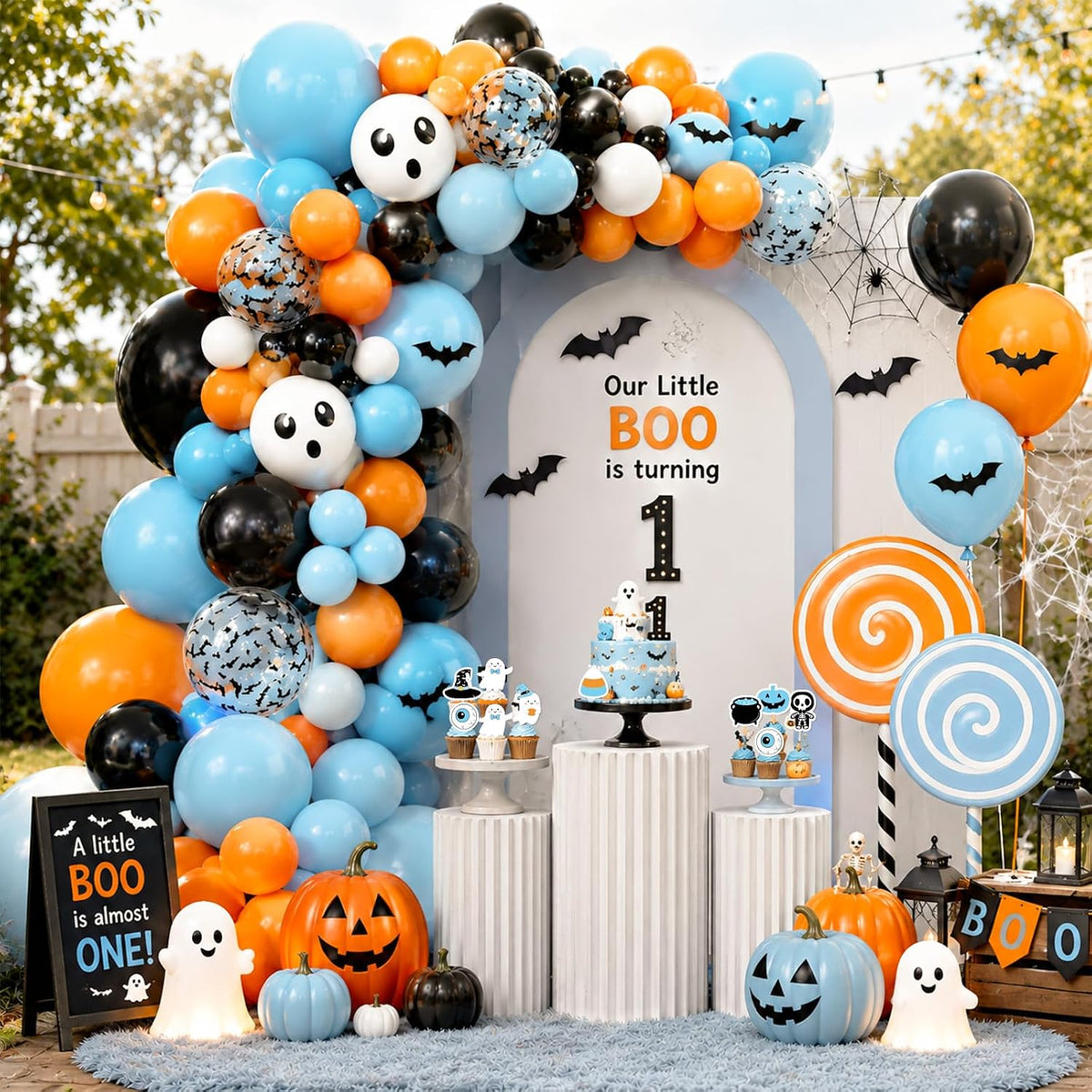Spooky One Birthday Decorations Boy,123pcs Halloween 1st Birthday Party Decorations The Spooky One Banner Backdrop Tablecloth Cake Topper Balloon Arch for First birthday Halloween Decor