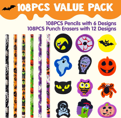JOYIN 108PCS Halloween Pencils with Erasers Stationery Set, 108 Colorful Pencils in 6 Design, 108 Giant Erasers in 12 Style for Kid Trick or Treat, Halloween Party Favor Supplies, Classroom Prize Gift