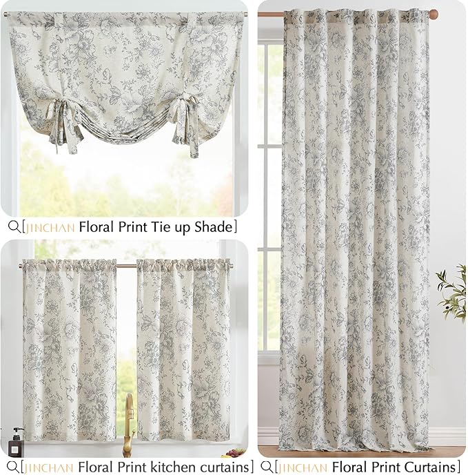 jinchan Floral Linen Tier Curtains Grey Flower on Beige Cafe Curtains 24 Inch - Image 9