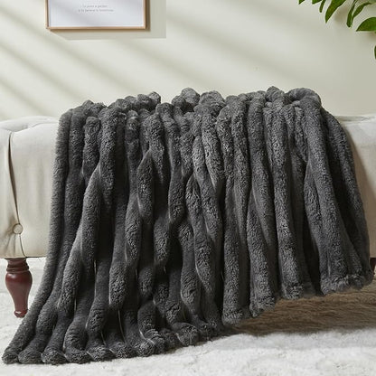 NEWCOSPLAY Super Soft Throw Blanket Grey Premium Silky Flannel Fleece 3D Ribbed - Image 6