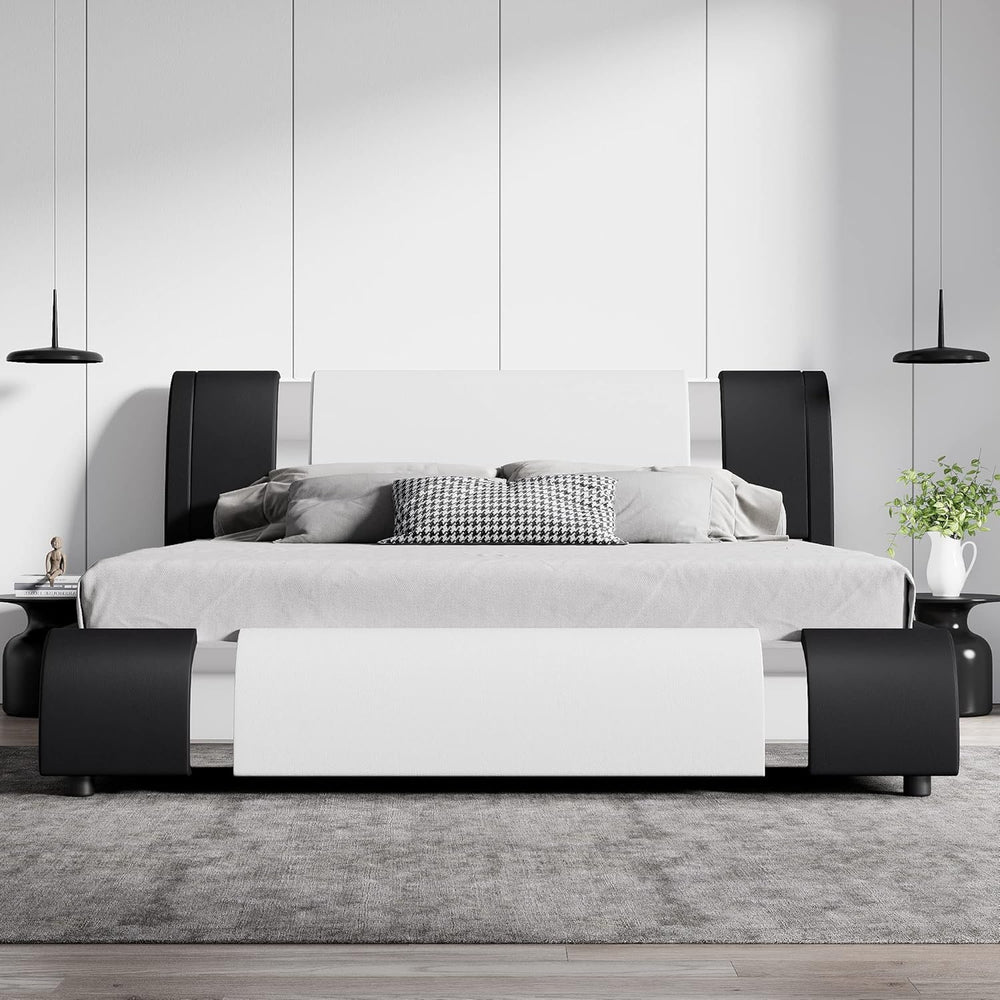 SHA CERLIN King Bed Frame with Iron Pieces, Faux Leather, Black & White
