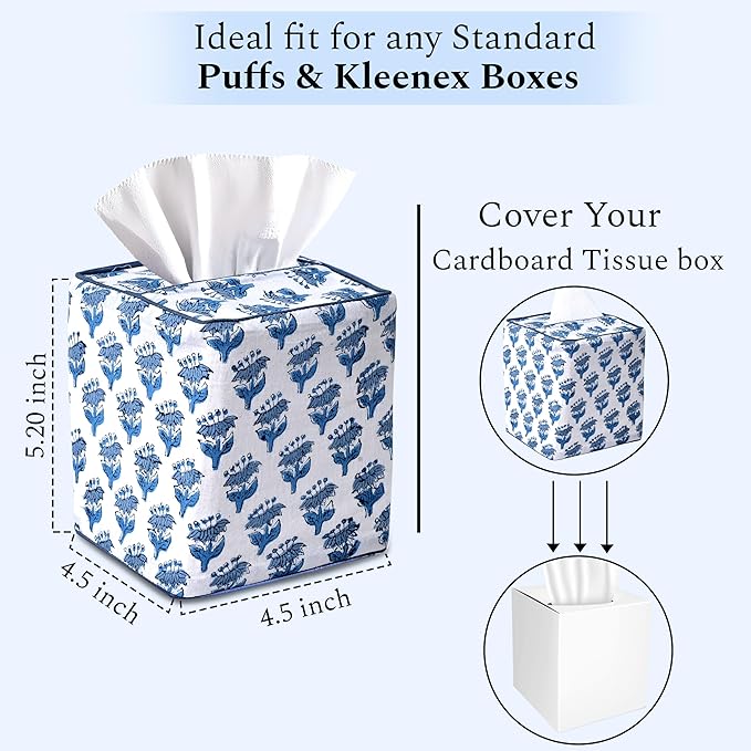 CPC Apatite Blue Hand Block Printed Cotton Tissue Box Cover 5" x 5" x 5.5" - Image 3