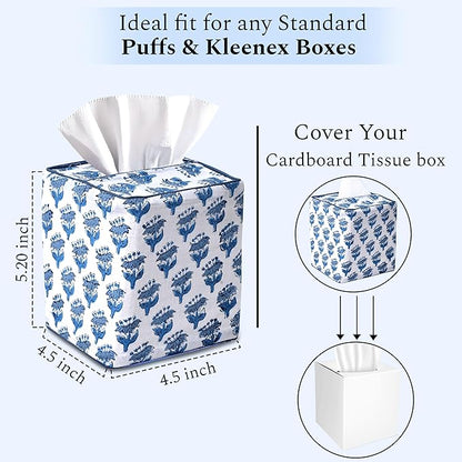CPC Apatite Blue Hand Block Printed Cotton Tissue Box Cover 5" x 5" x 5.5" - Image 3