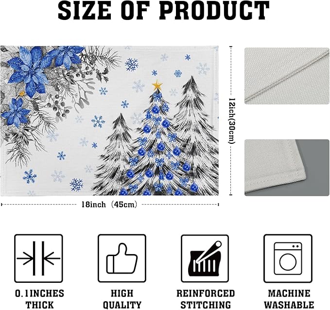 Giwawa Christmas Placemats Set of 4 Blue Grey Xmas Trees Balls Linen Place Mat - Image 4