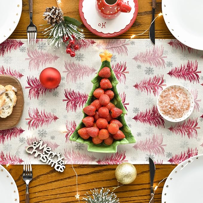 Artoid Mode Xmas Trees Snowflake Christmas Table Runner, Seasonal Winter Pink - Image 4
