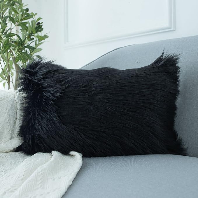 LIGICKY Set of 2 Decorative Black Lumbar Fluffy Throw Pillow Cover Faux Fur - Image 2