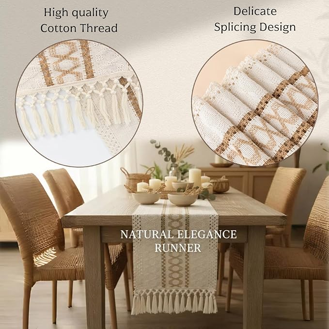 Boho Table Runner for Christmas, Woven Cream & Brown Macrame Dining Table - Image 4