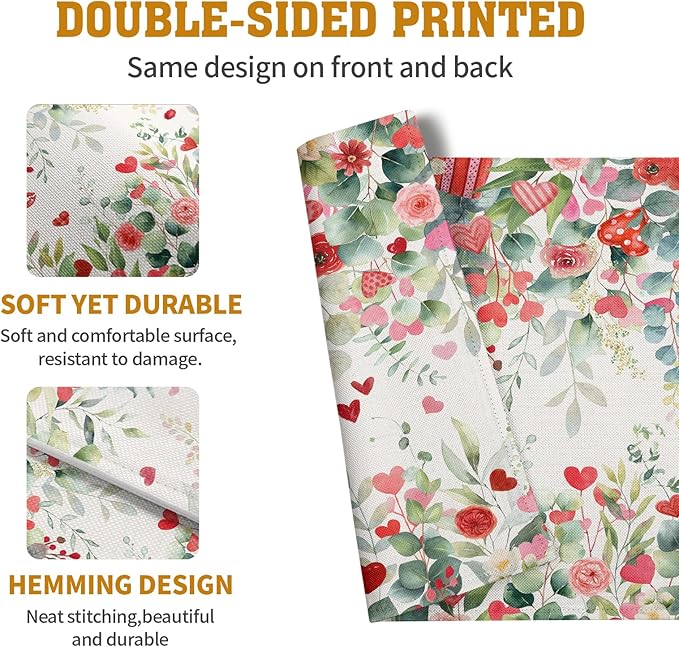 Valentines Eucalyptus Leave Placemats Set of 4, 12x18 Inch Valentine Heart Rose - Image 6