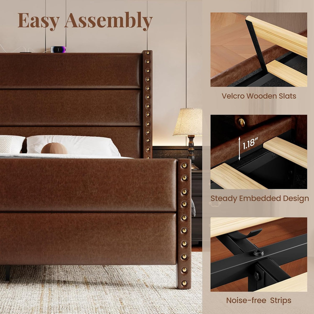 queen size 55" tall faux leather platform bed on a desk or shelf