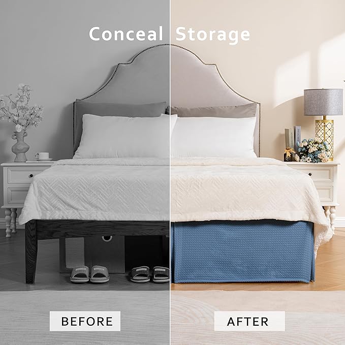 MIYE Pleated Waffle Weave Bed Skirt, Tailored Dust Ruffle 22 Inch Drop Easy Fit - Image 4