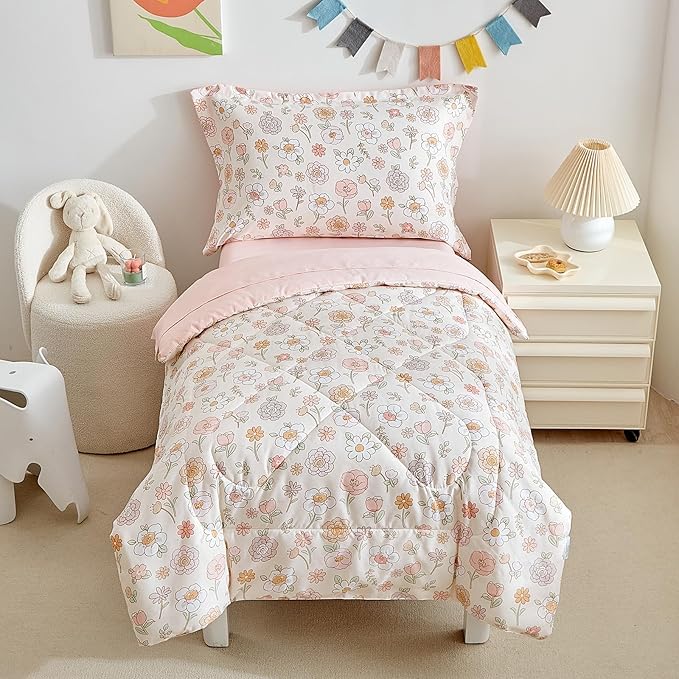 DuShow Floral 4 Piece Girls Toddler Bed Comforter Set Pink Flower Reversible by DuShow