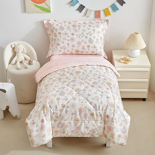 DuShow Floral 4 Piece Girls Toddler Bed Comforter Set Pink Flower Reversible by DuShow