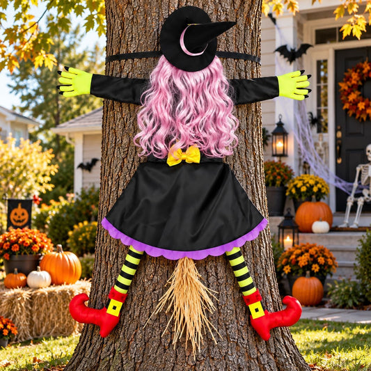 53" Crashing Witch Halloween Decorations Outdoor, Funny Witch Yard Decor with Broom & Striped Stockings, Hanging Halloween Prop for Tree, Porch, Fence, Lawn, Garden, Patio, Indoor Outdoor Party Decor