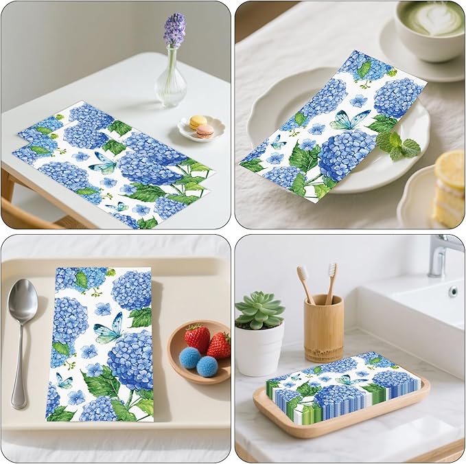 100 PCS Hydrangea Paper Napkins, Disposable Bathroom Hand Towels Blue and White - Image 7