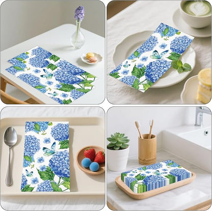 100 PCS Hydrangea Paper Napkins, Disposable Bathroom Hand Towels Blue and White - Image 7