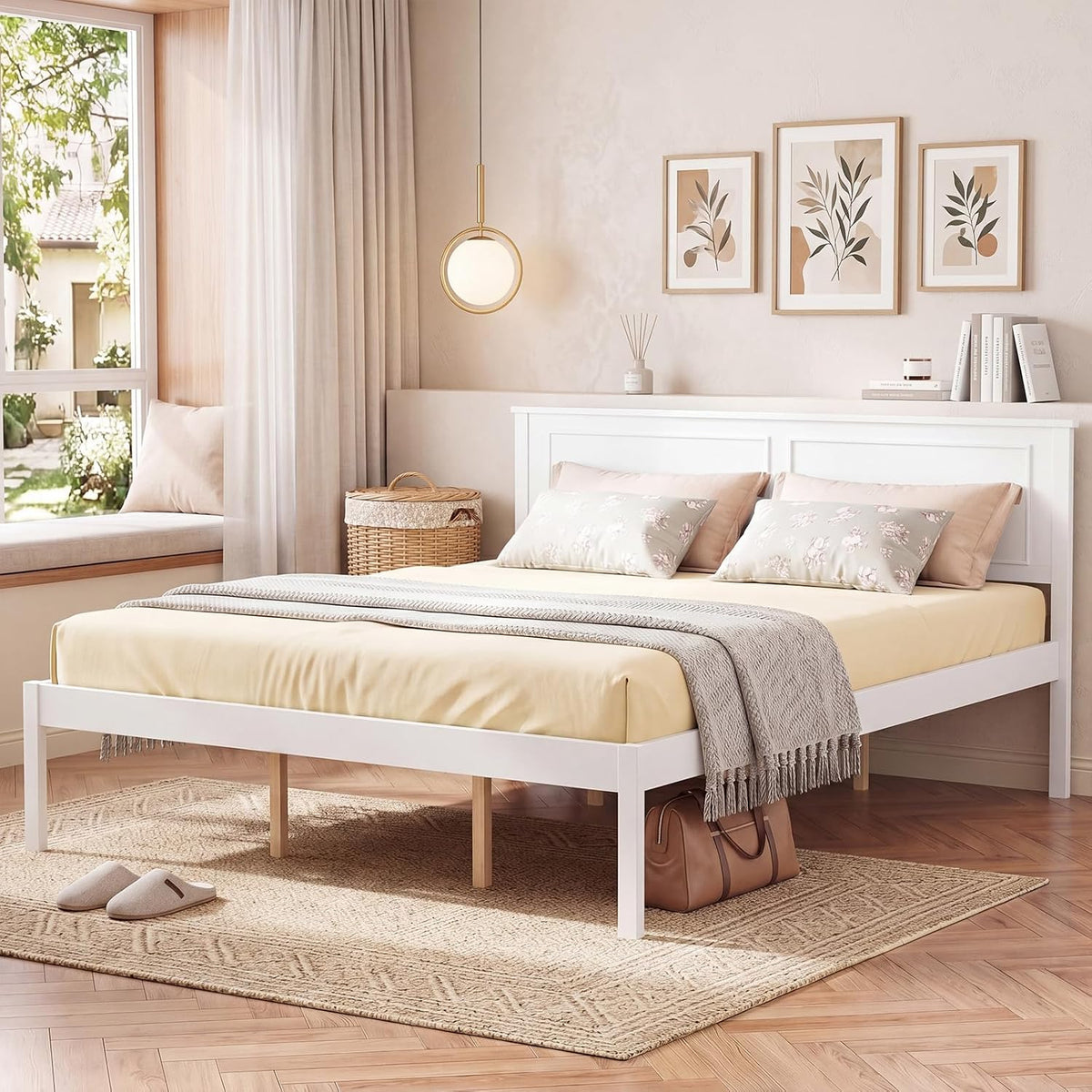 komfott queen size bed frame, farmhouse wooden platform, view 9