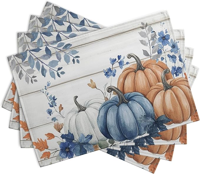Autumn Placemats Blue Pumpkin Fall Place Mat Eucalyptus Leaves Floral Wood - Image 2