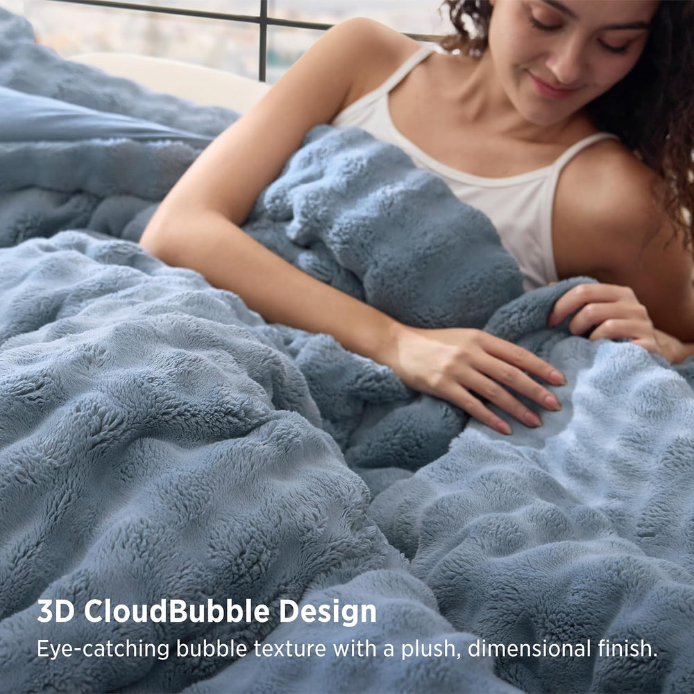 Bedsure 3D Cloud Bubble Comforter Set Fluffy Bed Set Queen Slate Blue 3 Pcs