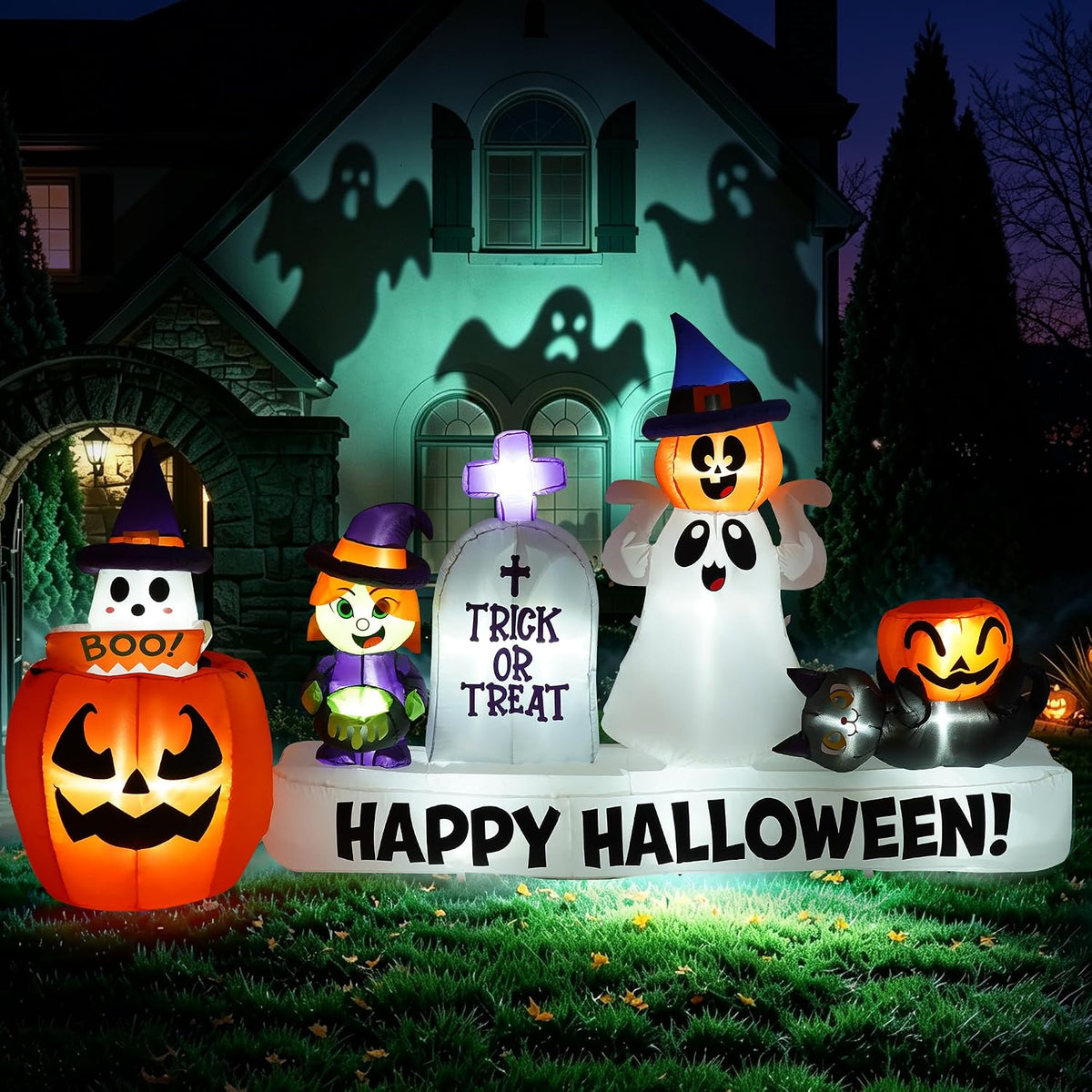 9 FT Long Halloween Animated Ghost Pumpkin Witch Tombstone Cat Inflatables