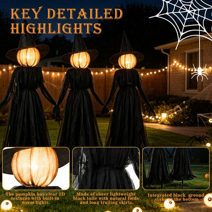 NEROSUN Halloween Witches Decorations Outdoor, 5 FT Set of 3 Light Up Holding Hands Witches with Stakes and Timer Function, Glowing Face Witch Decorations for Yard Garden Lawn Haunted House