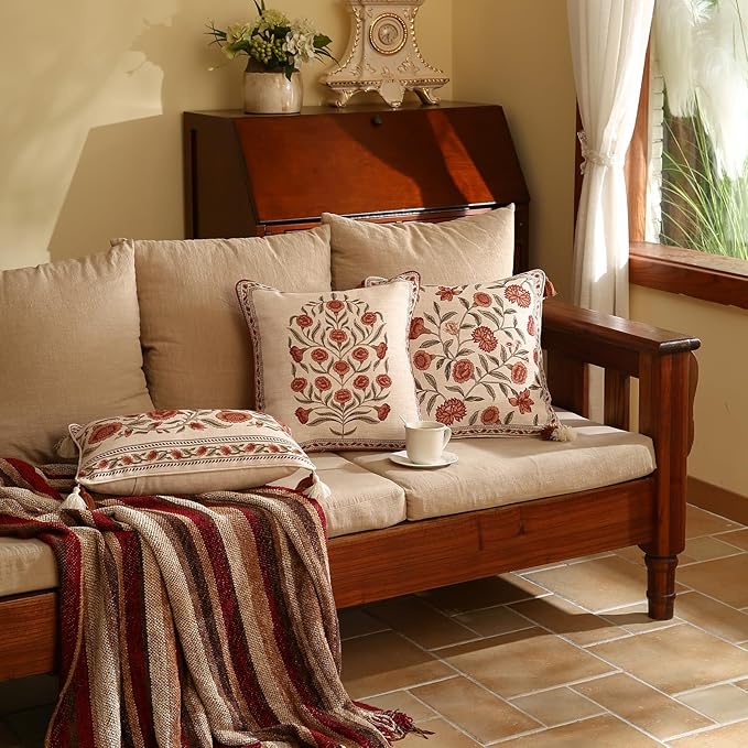 ISAENNE Design Linen Square Vintage Throw Pillow Covers 18"x18", Brick Red - Image 3