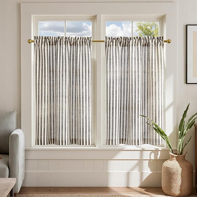 jinchan Striped Linen Kitchen Curtains 36 Inches Length Tier Curtains Farmhouse by JINCHAN