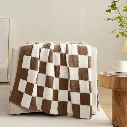 Snuggle Sac Brown Checkered Throw Blanket Faux Fur Microfiber Blankets - Image 6