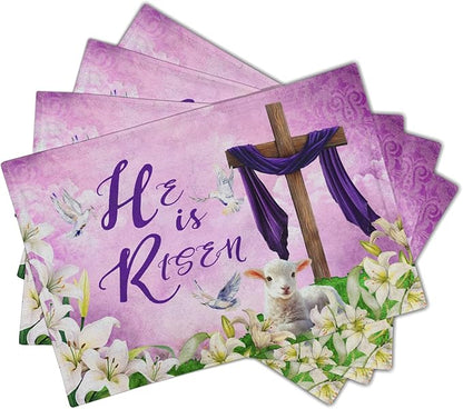 Giwawa He is Risen Placemats, Easter Cross Lamb Linen Washable Place Mat - Image 2