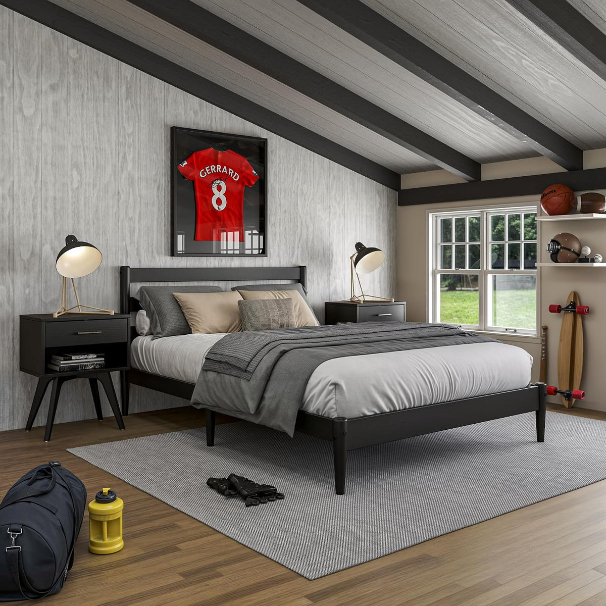 camaflexi mid-century modern platform bed/solid wood/slat headboard/mattress foundation shown in use
