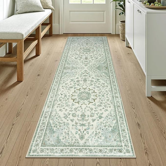 Moynesa Vintage Washable Green Runner Rug by Moynesa