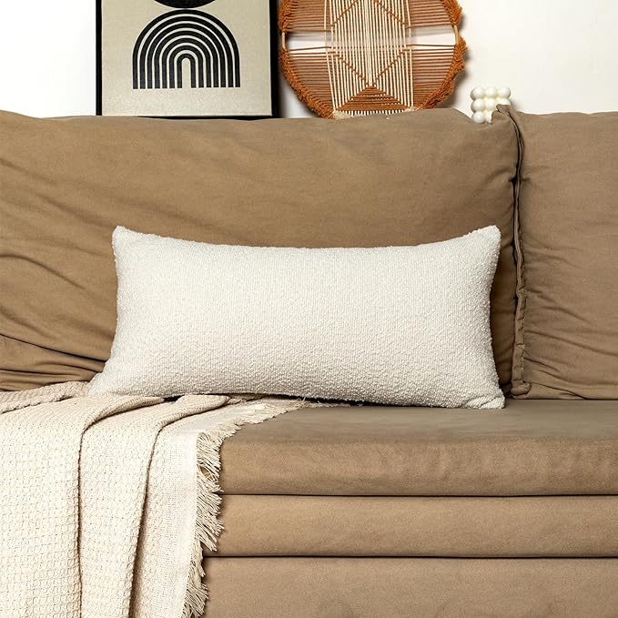 14x26 inch Boucle Lumbar Pillow Cover, Cream Woven Texture Neutral Long Pillow - Image 7