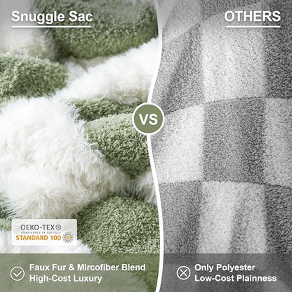 Snuggle Sac Sage Green Checkered Throw Blanket Faux Fur Knitted - Image 2
