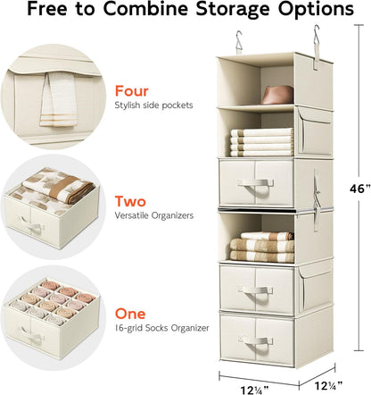 6-shelf hanging closet organizer with 3 drawers, 2-in-1, close-up detail