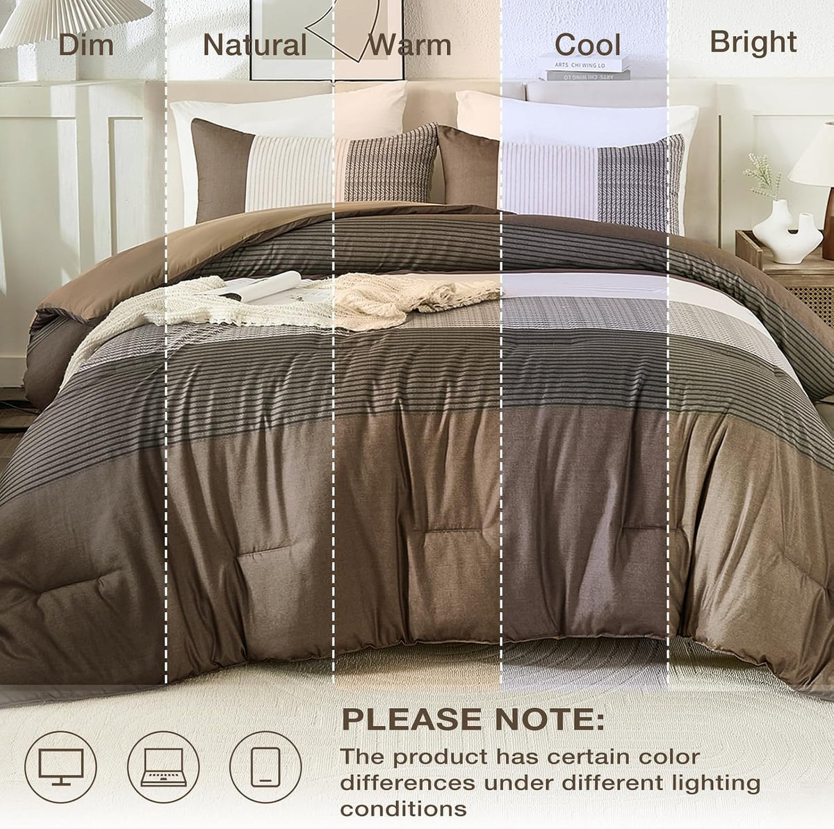 brown comforter set queen, reversible coffee brown patchwork, front angle view