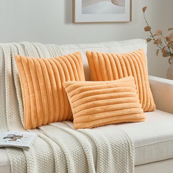 FUTEI Orange Throw Pillow Covers Set of 2, 12x20 Inch Striped Texture Lumbar - Image 4