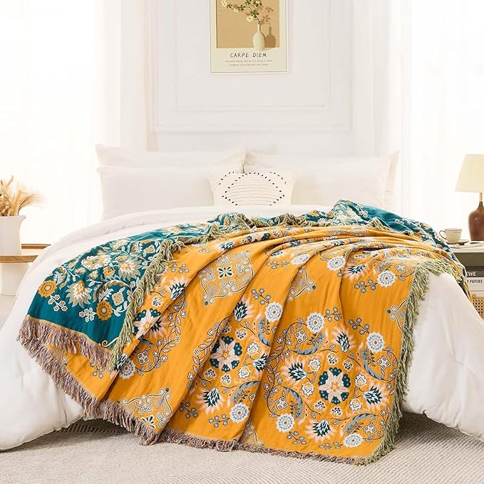 Boho Throw Blanket, 100% Cotton Ultra Soft Luxury Throw Rustic Quilt, Floral - Image 5