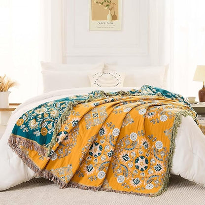 Boho Throw Blanket, 100% Cotton Ultra Soft Luxury Throw Rustic Quilt, Floral - Image 5