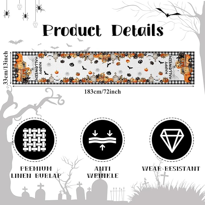 Happy Halloween Table Runner Black White Buffalo Plaid Pumpkin Truck Car Spider - Image 6