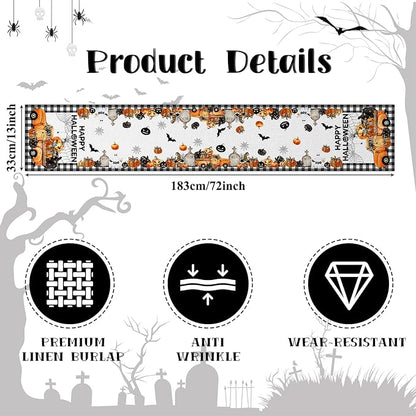 Happy Halloween Table Runner Black White Buffalo Plaid Pumpkin Truck Car Spider - Image 6