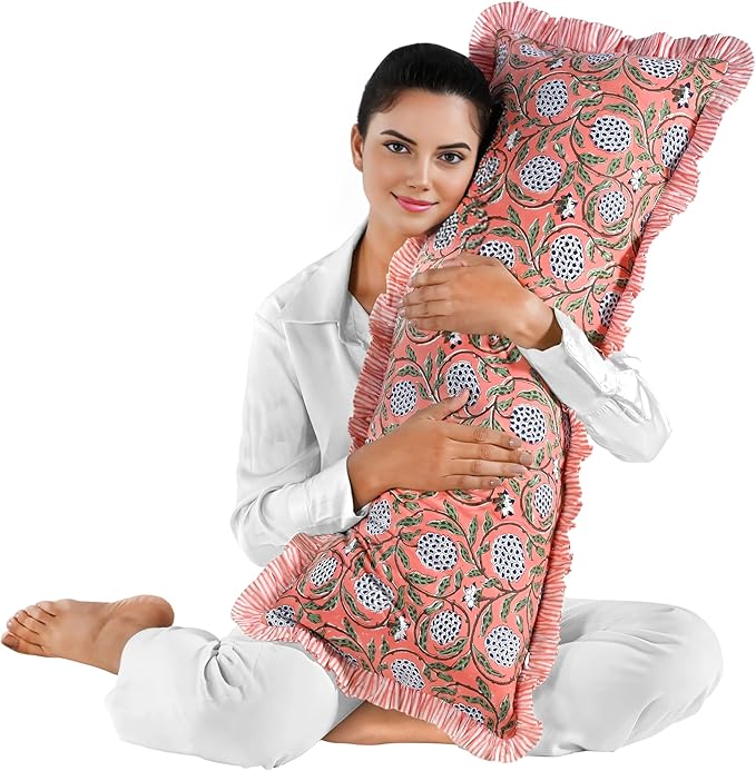Ridhi Dark Salmon Pink 100% Cotton Block Print Ruffle Lumbar Sham Cover - Image 8