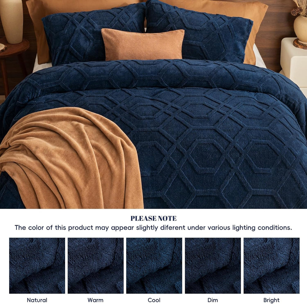 PHF Warm Sherpa Fleece King Comforter Set, 3D Tufted Fluffy Navy Blue Bedding...