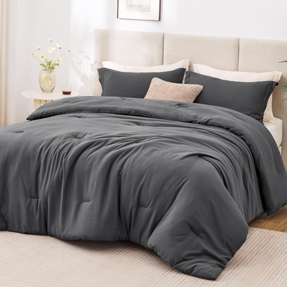 Love's cabin Dark Grey Queen Comforter Set, 3-Piece Prewashed Bed Set