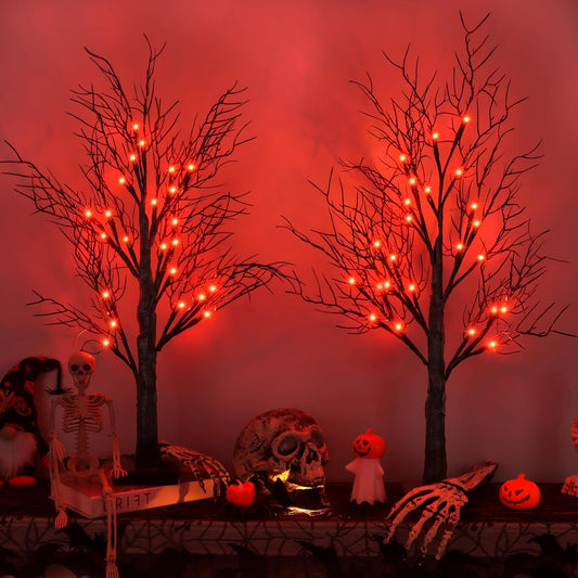 Halloween Decorations Indoor 2 Pack 24 Inch Black Halloween Tree with 48 Orange Red Led Lights, Timer/USB/Battery Operated Lighted Tabletop Spooky Tree for Halloween Table Decor Home Office Party