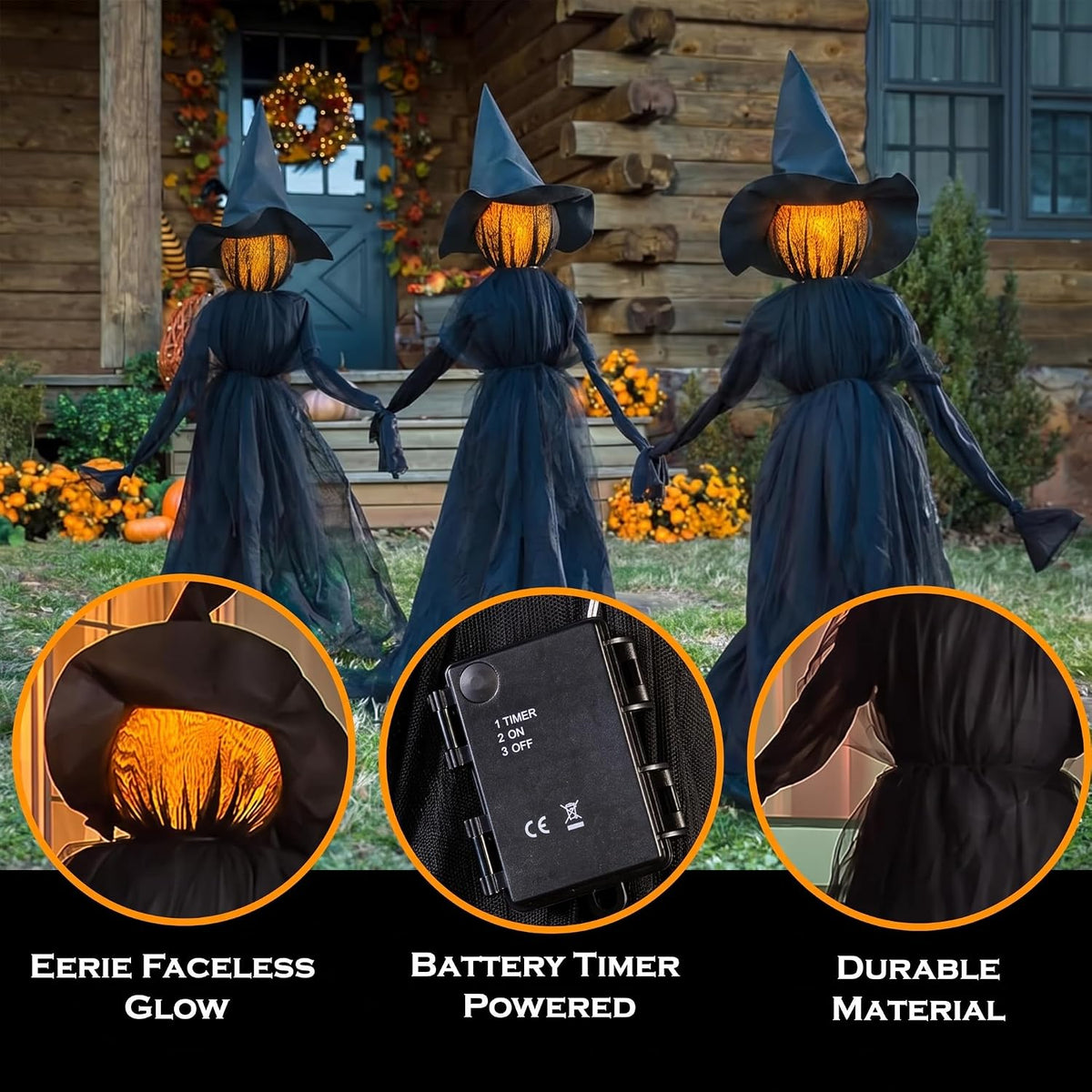 Evergreen Set of 3 LED Black Halloween Witches with Hats Stakes | 4 Feet Tall | Weatherproof Battery Operated | Spooky Garden Statue Outdoor Decoration Grass Lawn or Patio