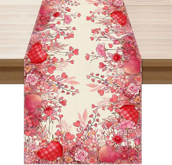 XCHI Wild Flowers Love Hearts Valentine’s Day Table Runner Table Decoration by XCHI
