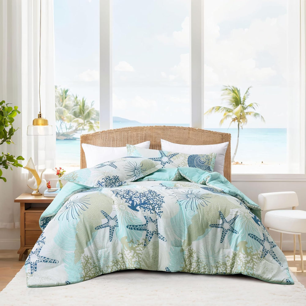 Coastal Comforter Set King Size 3 Piece, Soft Beach Themed Comforter, Ocean N...