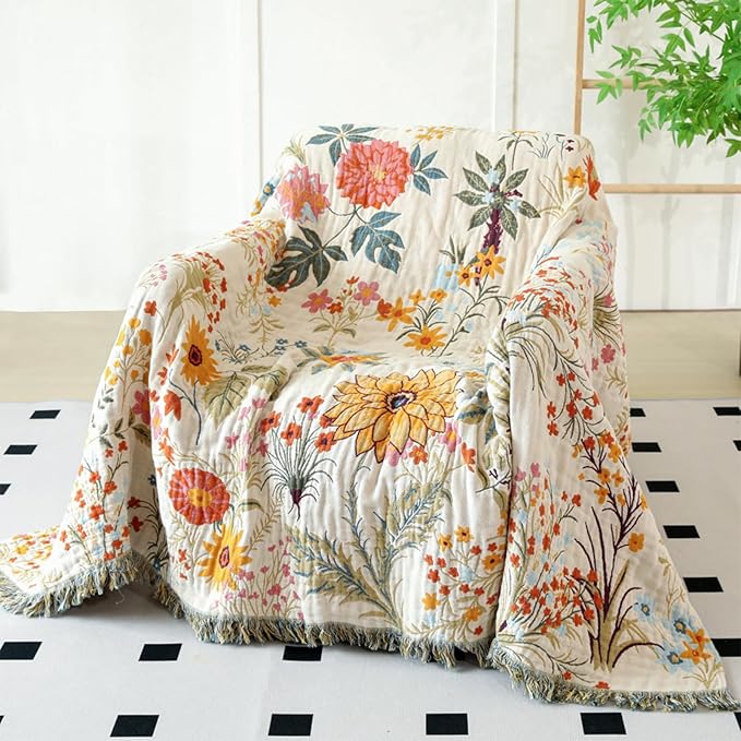 MSGKV Boho Throw Blanket for Couch Chair 100% Cotton Floral Blanket 50"x60" - Image 6