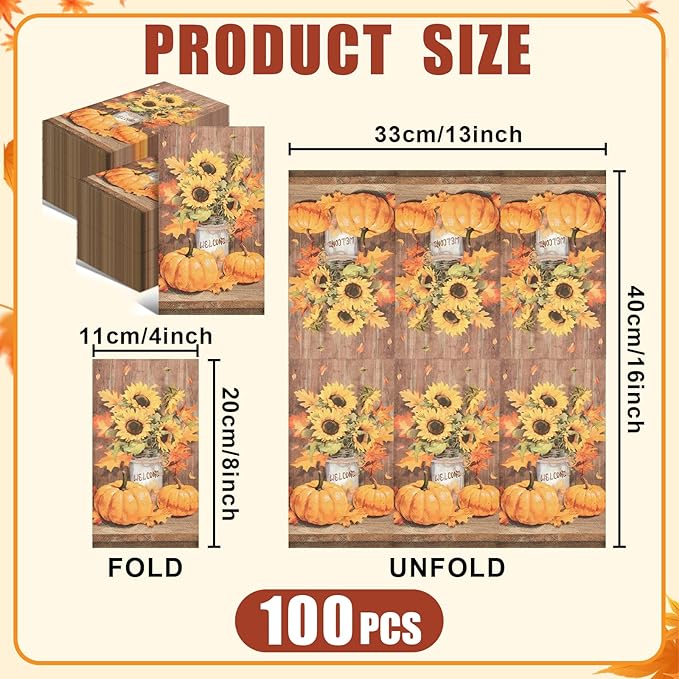 100 Pack Thanksgiving Pumpkin Paper Napkins – 13 x 16 Inches Unfolded, - Image 2