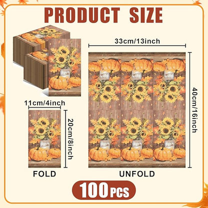 100 Pack Thanksgiving Pumpkin Paper Napkins – 13 x 16 Inches Unfolded, - Image 2