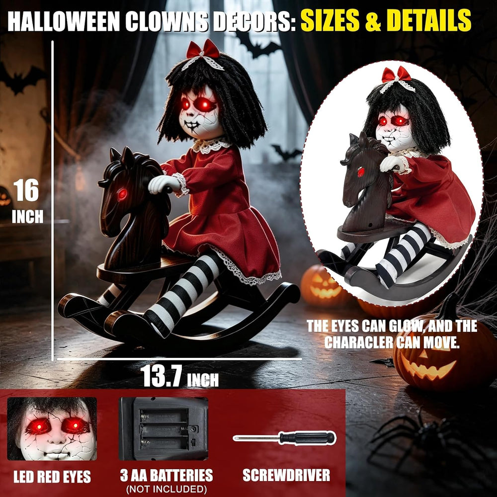 Halloween Animatronic Decorations Girl Doll on Rocking Horse with Lights